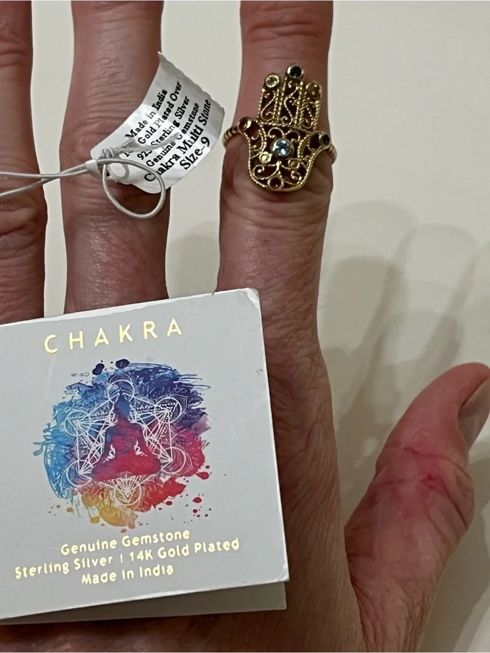 925 Sterling Silver 14K Gold Plated Hamsa Hand Chakra Gemstone Ring Sz 9